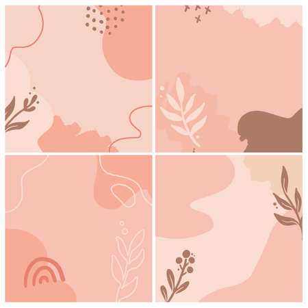 Set of social media, story template with abstract, floral, plant shape. Sketch style illustration for beauty background, poster template. Pastel color in brown tones.のイラスト素材