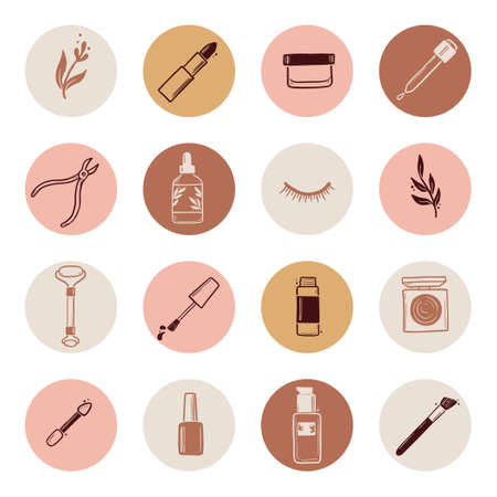Hand drawn set of beauty makeup insta story highlight elements, mascara, cream bottle, nail product, brush. Doodle sketch style. Illustration for cosmetic icon, makeup highlights design.のイラスト素材
