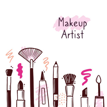 Hand drawn template with makeup beauty cosmetic elements, mascara, cream bottle, skin brush. Doodle sketch style. Illustration for makeup, beauty salon, cosmetic store banner, frame, poster design.のイラスト素材