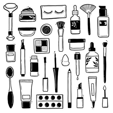 Hand drawn set of makeup beauty cosmetic elements, mascara, cream bottle, nail product, skin brush. Doodle sketch style. Illustration for makeup, beauty salon, cosmetic store icon, background design.のイラスト素材