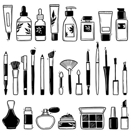 Hand drawn set of makeup beauty cosmetic elements, mascara, cream bottle, nail product, skin brush. Doodle sketch style. Illustration for makeup, beauty salon, cosmetic store icon, background design.のイラスト素材