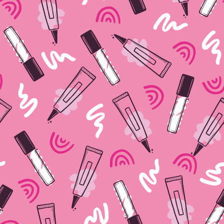 Hand drawn seamless pattern of makeup beauty cosmetic elements, mascara, cream bottle, nail product, brush. Doodle sketch style. Makeup element illustration for wallpaper, background, textile.のイラスト素材