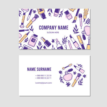 Visit card with makeup beauty cosmetic elements, mascara, cream bottle, polish, skin brush. Doodle sketch style. Illustration for makeup, beauty artist, cosmetic store business card design template.のイラスト素材