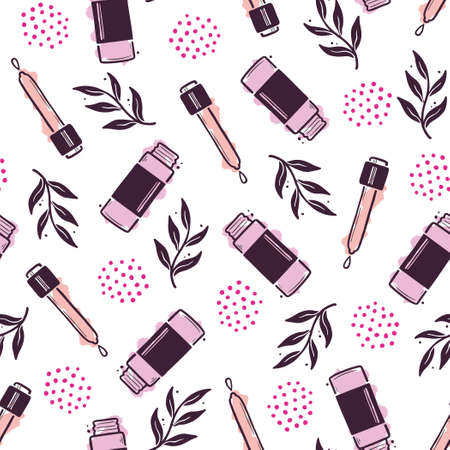Hand drawn seamless pattern of makeup beauty cosmetic elements, mascara, cream bottle, nail product, brush. Doodle sketch style. Makeup element illustration for wallpaper, background, textile.のイラスト素材