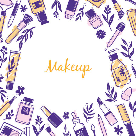 Hand drawn template with makeup beauty cosmetic elements, mascara, cream bottle, skin brush. Doodle sketch style. Illustration for makeup, beauty salon, cosmetic store banner, frame, poster design.のイラスト素材