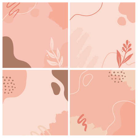 Set of social media, story template with abstract, floral, plant shape. Sketch style illustration for beauty background, poster template. Pastel color in brown tones.のイラスト素材