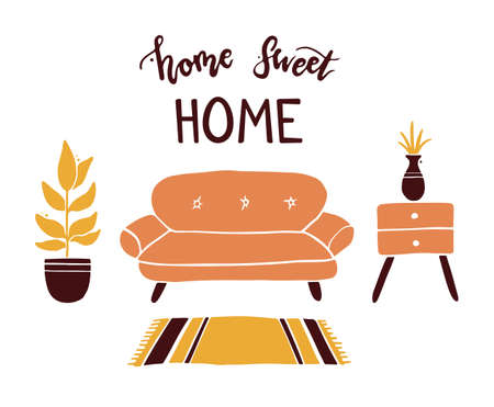 Lettering quote Home Sweet Home and living room with furniture, houseplants. Simple trendy flat style. Concept for interior apartment design.のイラスト素材