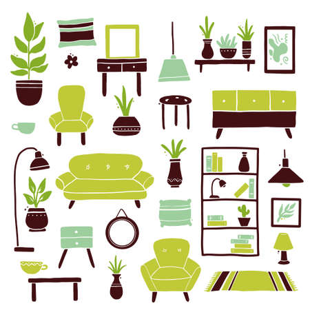 Set of living room furniture collection, sofa, chair, house plant, lamp, shelf, carpet. Simple trendy flat style. Illustration for interior design elements collection, apartment icon.のイラスト素材