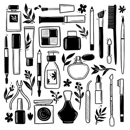 Hand drawn set of makeup beauty cosmetic elements, mascara, cream bottle, nail product, skin brush. Doodle sketch style. Illustration for makeup, beauty salon, cosmetic store icon, background design.のイラスト素材