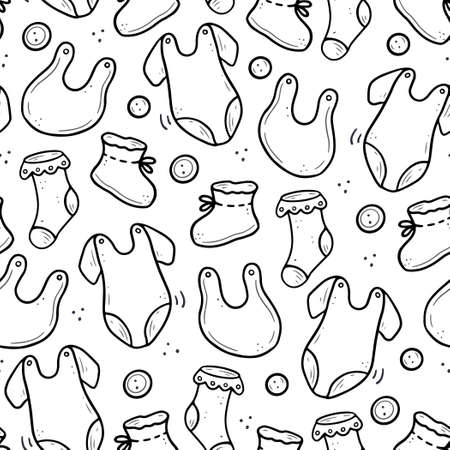 Hand drawn seamless pattern of baby clothes elements, sock, bodysuit, button. Doodle sketch style. Baby element drawn by digital pen. Vector illustration for wallpaper, background, textile designのイラスト素材