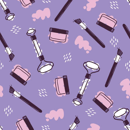 Hand drawn seamless pattern of makeup beauty cosmetic elements, mascara, cream bottle, nail product, brush. Doodle sketch style. Makeup element illustration for wallpaper, background, textile.のイラスト素材