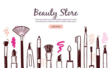 Hand drawn template with makeup beauty cosmetic elements, mascara, cream bottle, skin brush. Doodle sketch style. Illustration for makeup, beauty salon, cosmetic store banner, frame, poster design.のイラスト素材