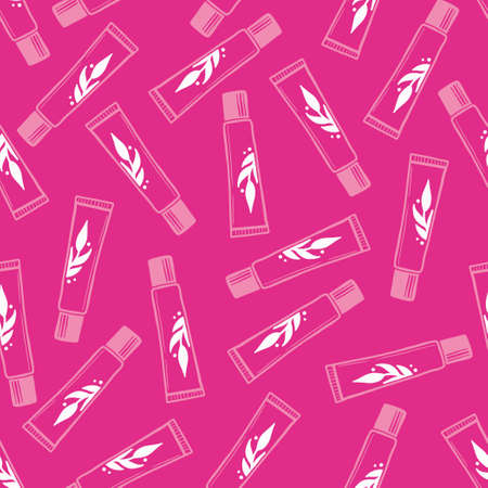 Hand drawn seamless pattern of makeup cosmetic cream bottle elements. Doodle sketch style. Container element drawn by digital pen. Vector illustration for beauty, makeup wallpaper, background, textile.のイラスト素材