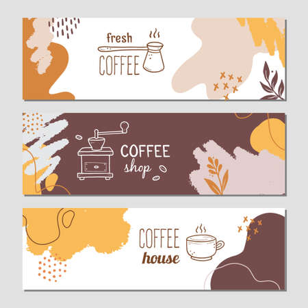 Hand drawn banners template with coffeemaker and grinder. Doodle sketch style. Vector illustration for coffee shop, cafe, restaurant banner, flyer, brochure with abstract background.のイラスト素材