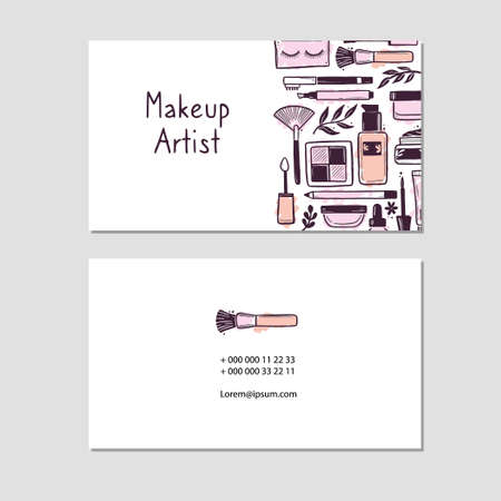 Visit card with makeup beauty cosmetic elements, mascara, cream bottle, polish, skin brush. Doodle sketch style. Illustration for makeup, beauty artist, cosmetic store business card design template.のイラスト素材