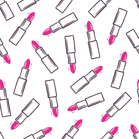 Hand drawn seamless pattern of makeup lipstick elements. Doodle sketch style. Lipstick element drawn by digital pen. Vector illustration for wallpaper, background, textile.のイラスト素材