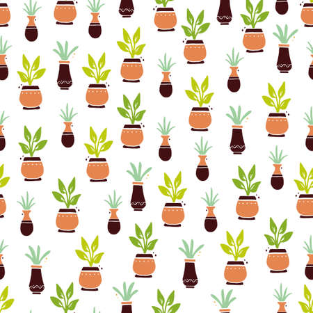 Seamless pattern of cute cartoon house plant with leaf and pot. Simple trendy flat style. Concept of home garden, interior floral decoration. Illustration for wallpaper, background, textile design.のイラスト素材