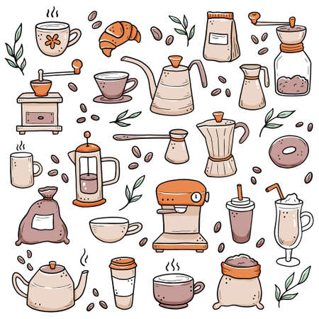 Hand drawn set of different types coffee cup, mug, pot, coffee machine. Doodle sketch style. Isolated vector illustration for coffee shop, cafe, restaurant menu, icon, background.のイラスト素材