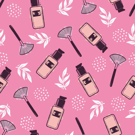Hand drawn seamless pattern of makeup beauty cosmetic, perfume bottle, makeup brush with abstract floral elements. Doodle sketch style. Cosmetic element illustration for wallpaper, background, textile.のイラスト素材