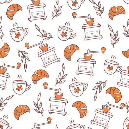 Hand drawn doodle style seamless vector pattern of croissants and cups of coffee near vintage grinders and leavesのイラスト素材