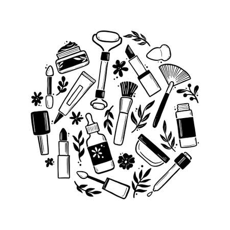 Hand drawn set of makeup beauty cosmetic elements, mascara, cream bottle, nail product, skin brush. Doodle sketch style. Illustration for makeup, beauty salon, cosmetic store icon, background design.のイラスト素材