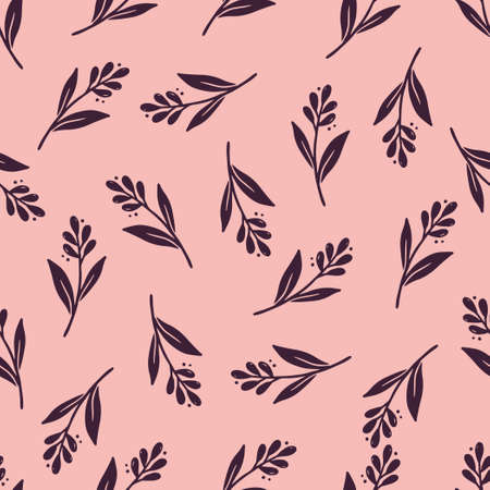 Hand drawn seamless pattern of simple floral elements. Doodle sketch style. Branch element drawn by digital pen. Illustration for wallpaper, background, textile design.のイラスト素材