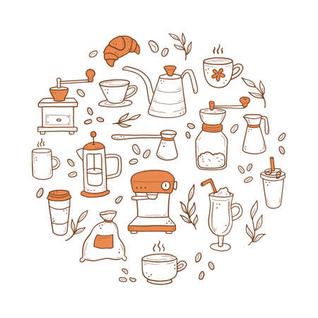 Hand drawn set of different types coffee cup, mug, pot, coffee machine. Doodle sketch style. Isolated vector illustration for coffee shop, cafe, restaurant menu, icon, background.のイラスト素材