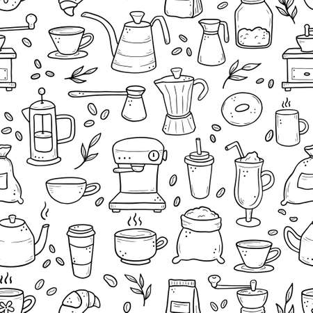 Hand drawn seamless pattern of different types coffee cup, mug, pot, coffee machine. Doodle sketch style. Isolated vector illustration for coffee shop, cafe wallpaper, background, textile design.のイラスト素材
