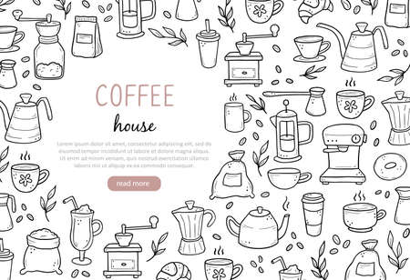 Hand drawn of website banner template with assorted coffee makers and desserts on white background. Doodle sketch style. Vector illustration for coffee shop, cafe, restaurant banner, background, frameのイラスト素材