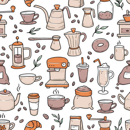 Hand drawn seamless pattern of different types coffee cup, mug, pot, coffee machine. Doodle sketch style. Isolated vector illustration for coffee shop, cafe wallpaper, background, textile design.のイラスト素材