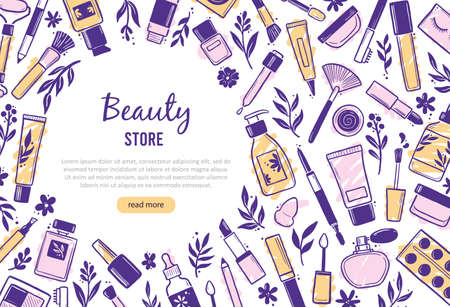 Hand drawn template with makeup beauty cosmetic elements, mascara, cream bottle, skin brush. Doodle sketch style. Illustration for makeup, beauty salon, cosmetic store banner, frame, poster design.のイラスト素材