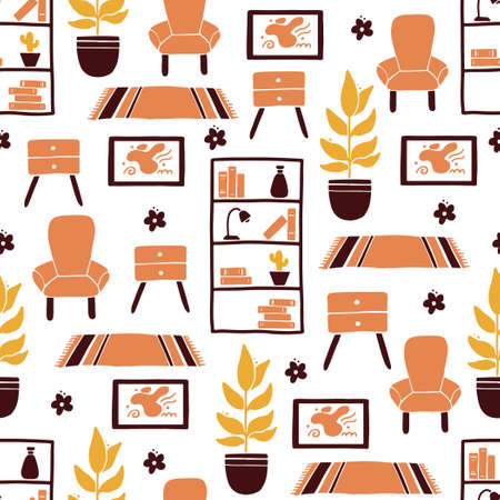 Seamless pattern of living room furniture elements, sofa, chair, shelf, houseplants. Simple trendy flat style. Concept of home interior design. Illustration for wallpaper, background, textile designのイラスト素材