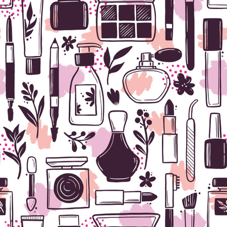 Hand drawn seamless pattern of makeup beauty cosmetic elements, mascara, cream bottle, nail product, brush. Doodle sketch style. Makeup element illustration for wallpaper, background, textile.のイラスト素材