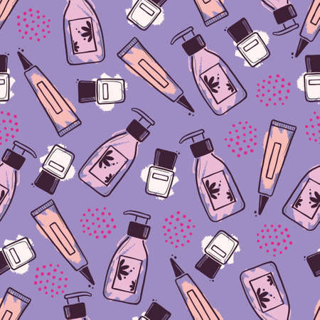 Hand drawn seamless pattern of makeup beauty cosmetic elements, cream bottle, nail product. Doodle sketch style. Makeup element illustration for wallpaper, background, textile.のイラスト素材