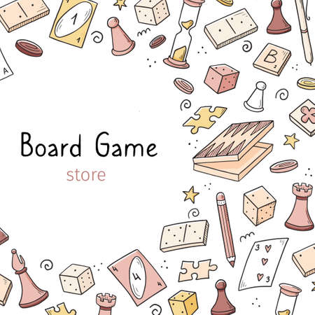 Hand drawn banner template with of board game element. Doodle sketch style. Vector illustration for board game shop, store background, game competition banner, frameのイラスト素材