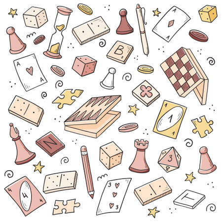 Hand drawn set of board game element, cards, chess, hourglass, chips, dice, dominoes. Doodle sketch style. Isolated vector illustration for board game shop, store, game competition.のイラスト素材