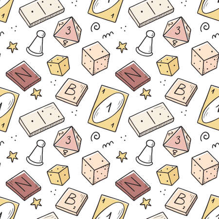 Hand drawn seamless pattern of board game element, cards, chess, hourglass, chips, dice, dominoes. Doodle sketch style. Isolated vector illustration for for board game shop, store.のイラスト素材