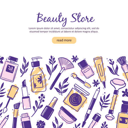 Hand drawn template with makeup beauty cosmetic elements, mascara, cream bottle, skin brush. Doodle sketch style. Illustration for makeup, beauty salon, cosmetic store banner, frame, poster design.のイラスト素材