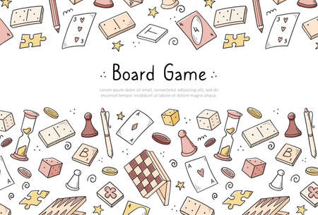 Hand drawn website banner template with of board game element. Doodle sketch style. Vector illustration for board game shop, store background, game competition banner, frameのイラスト素材