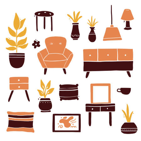 Set of living room furniture collection, sofa, chair, house plant, lamp, shelf, carpet. Simple trendy flat style. Illustration for interior design elements collection, apartment icon.のイラスト素材
