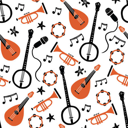 Hand drawn seamless pattern of musical instrument. Flat sketch style. Isolated vector illustration for for musical instrument store, music festival background, textile, wallpaper, fabric..のイラスト素材