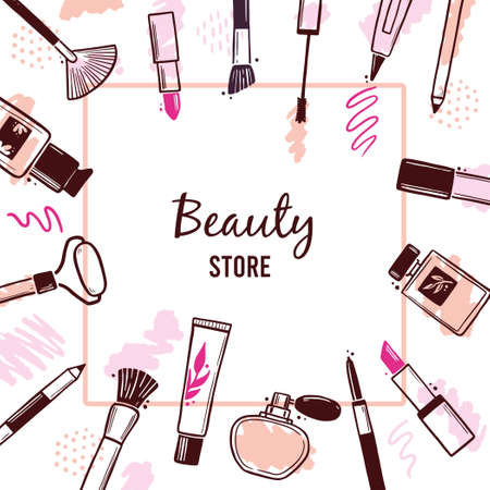 Hand drawn template with makeup beauty cosmetic elements, mascara, cream bottle, skin brush. Doodle sketch style. Illustration for makeup, beauty salon, cosmetic store banner, frame, poster design.のイラスト素材
