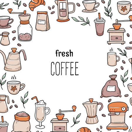 Vector illustration of hand drawn doodle style appliances and ingredients around Fresh Coffee text. Template for coffee shop, cafe, restaurant banner, background, frame.のイラスト素材