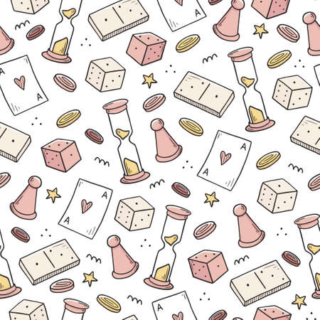 Hand drawn seamless pattern of board game element, cards, chess, hourglass, chips, dice, dominoes. Doodle sketch style. Isolated vector illustration for for board game shop, store.のイラスト素材