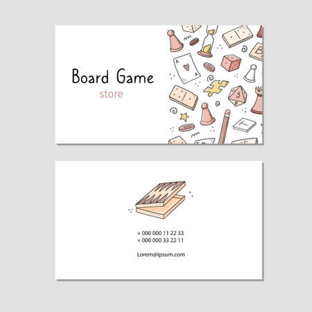 Visit card with board game element, cards, chess, hourglass, chips, dice, dominoes. Doodle sketch style. Illustration for board game shop, store, game competition business card design template.のイラスト素材