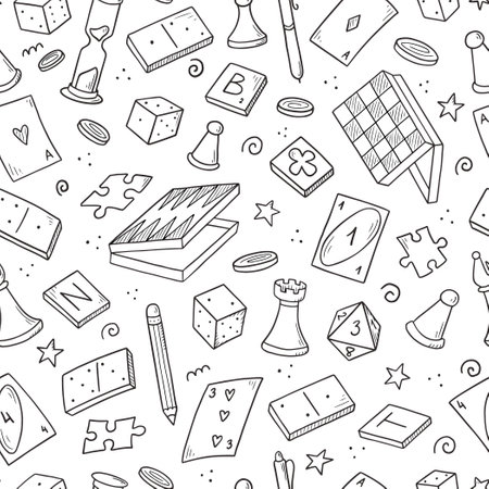 Hand drawn seamless pattern of board game element, cards, chess, hourglass, chips, dice, dominoes. Doodle sketch style. Isolated vector illustration for for board game shop, store.のイラスト素材