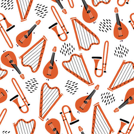 Hand drawn seamless pattern of musical instrument. Flat sketch style. Isolated vector illustration for for musical instrument store, music festival background, textile, wallpaper, fabric..のイラスト素材