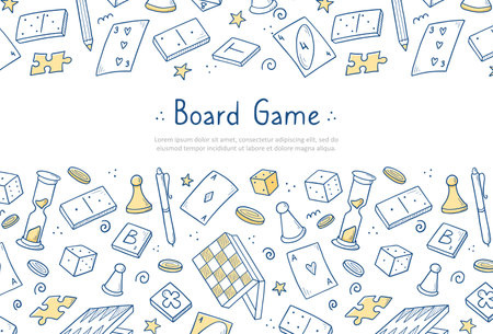 Hand drawn website banner template with of board game element. Doodle sketch style. Vector illustration for board game shop, store background, game competition banner, frameのイラスト素材