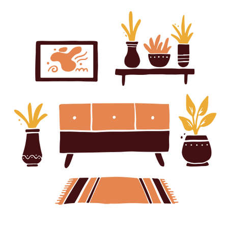 Illustration of living room with furniture, chest of drawers, house plant, shelf, carpet. Simple trendy flat style. Concept for interior apartment design.のイラスト素材