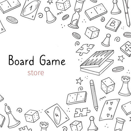 Hand drawn banner template with of board game element. Doodle sketch style. Vector illustration for board game shop, store background, game competition banner, frameのイラスト素材